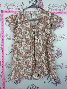 Rachel Zoe Cream and Rust Paisley Ruffle-Sleeve Tie-Neck Blouse